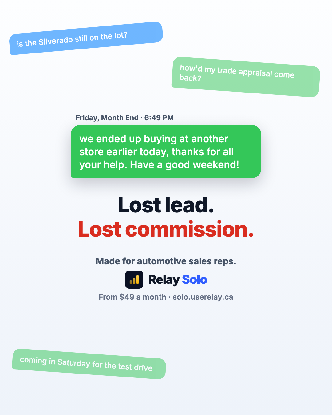 A text thread where a car salesperson replies two days late and the buyer says they went with the F-150 at another store.